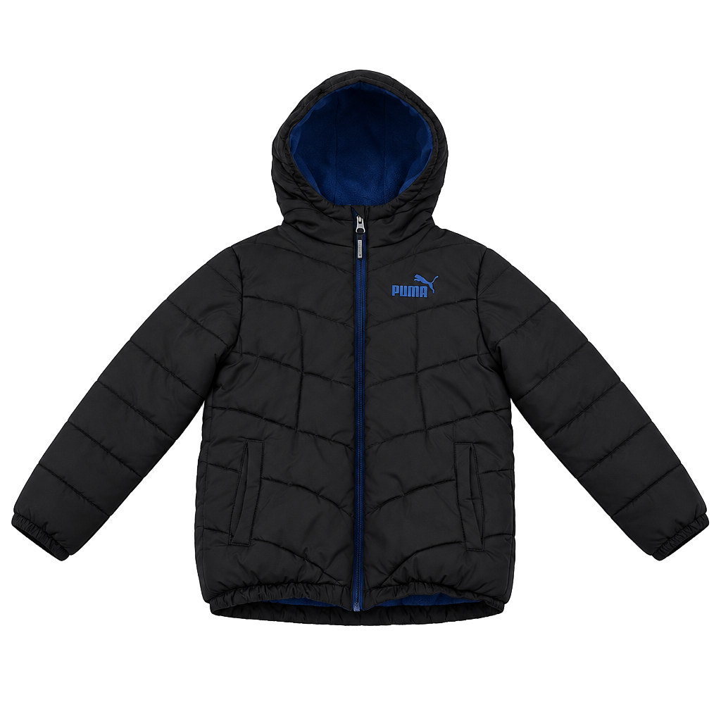 Puma Puffer Jacket Size M (10-12) Black Blue Hooded Fleece Lined 1
