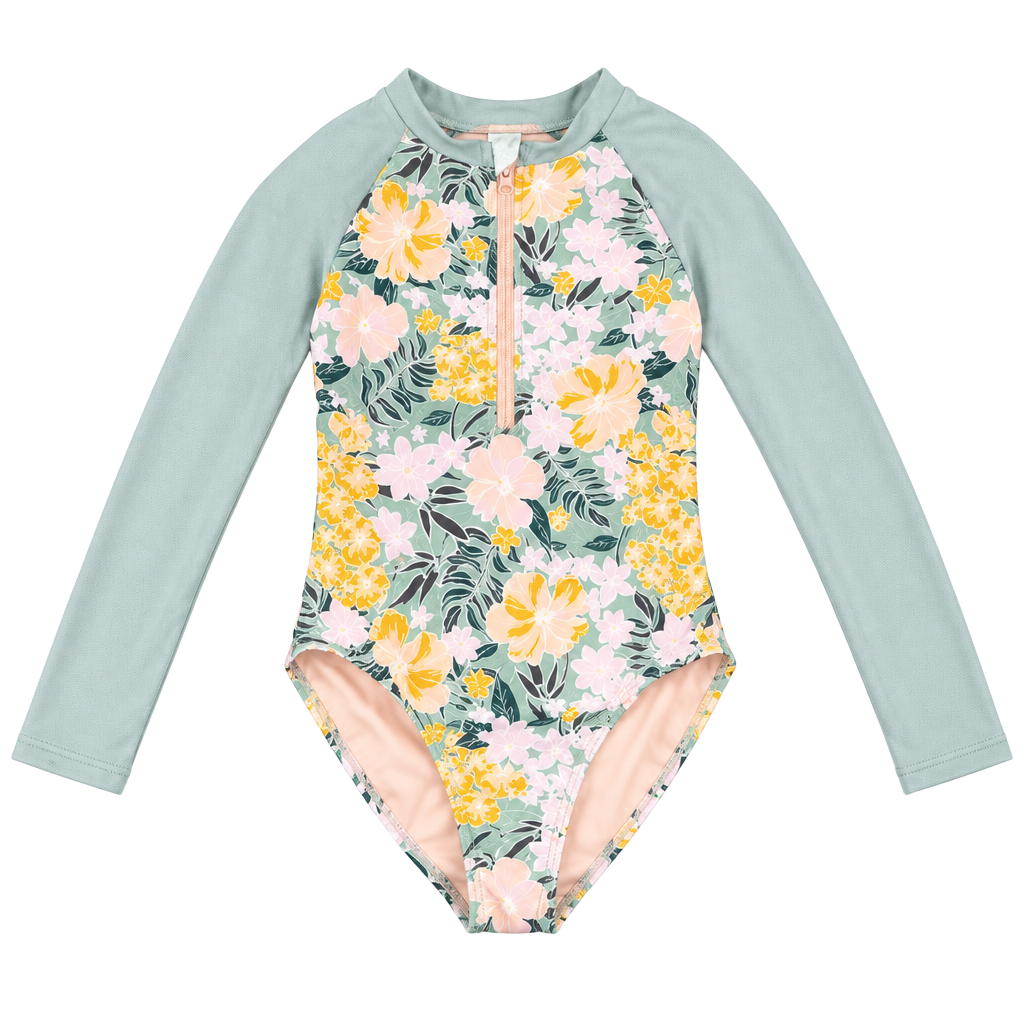 Cat & Jack Long Sleeve Rash Guard Swimsuit Size M 7/8 Floral Zip 1