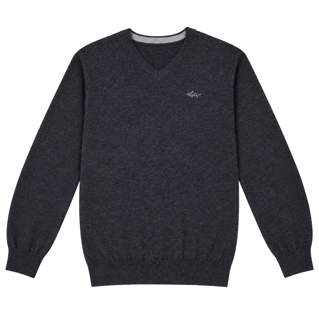 Greg Norman V-Neck Sweater Size M Dark Gray Shark Logo Golf Pullover 1