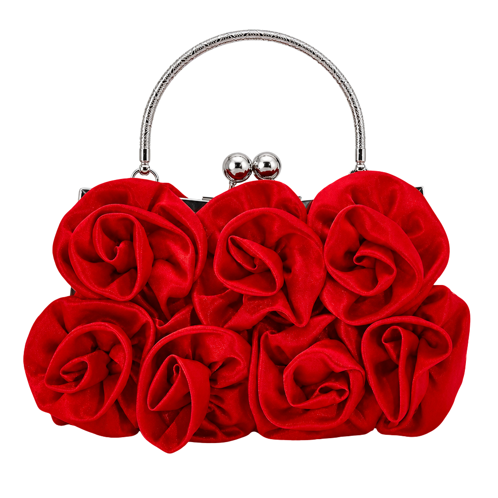 MEGAUK Rose Satin Evening Handbag Red Floral Clutch Bag 1