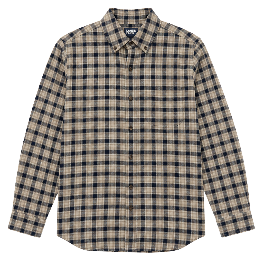 Lands’ End Men’s Flannel Shirt Small Navy Taupe Plaid 100% Cotton NWT 1