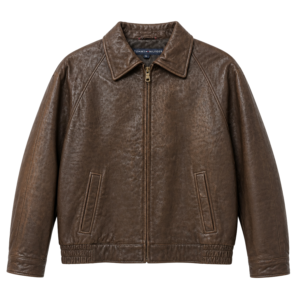 Tommy Hilfiger Vintage Brown Genuine Leather Bomber Jacket with Herringbone Lining Size S 1