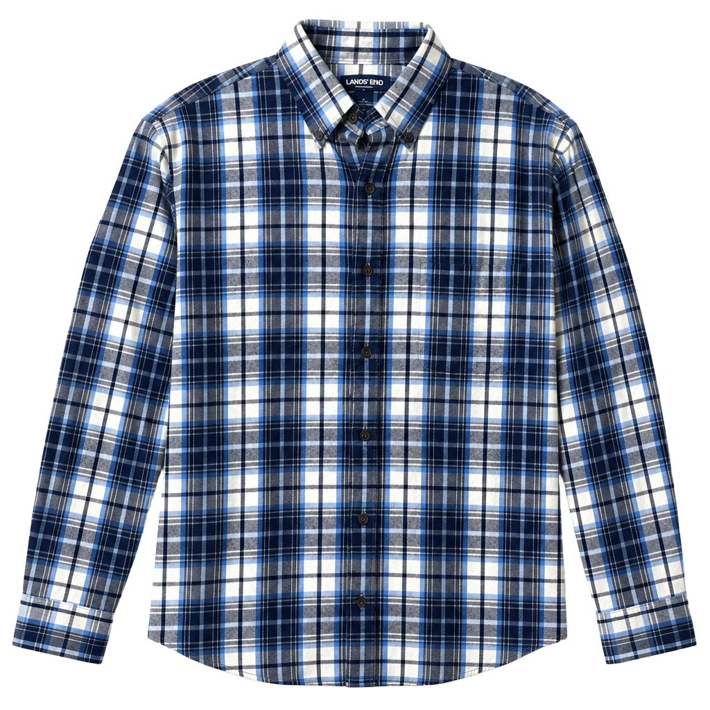 Lands' End Men's Deep Sea Pale Blue Plaid Flagship Flannel Size S 1
