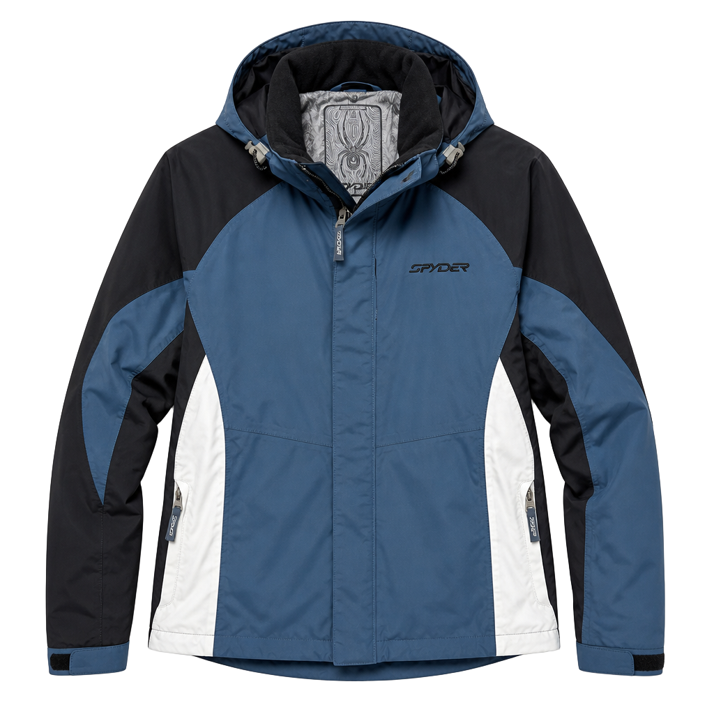 Spyder Men’s Ski Snow Jacket Blue Black White Colorblock Removable Hood 1