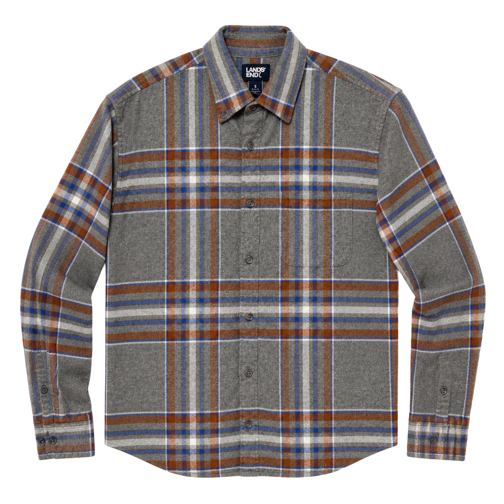 Lands’ End Men’s Flannel Shirt Small Gray Brown Blue Plaid 100% Cotton 1