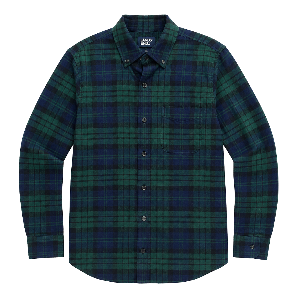 Lands’ End Men’s Small Green Navy Plaid Flannel Shirt Traditional Fit 1