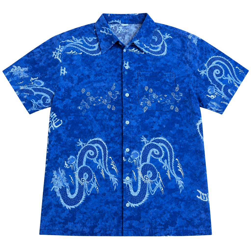 Vintage Dragon Print Blue Short Sleeve Button Down Shirt 1