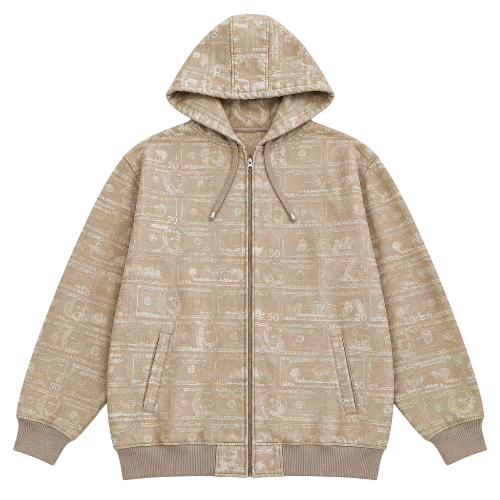 Ruff Heided Money Print Zip Up Hoodie Size 2XL Tan Polyester 1