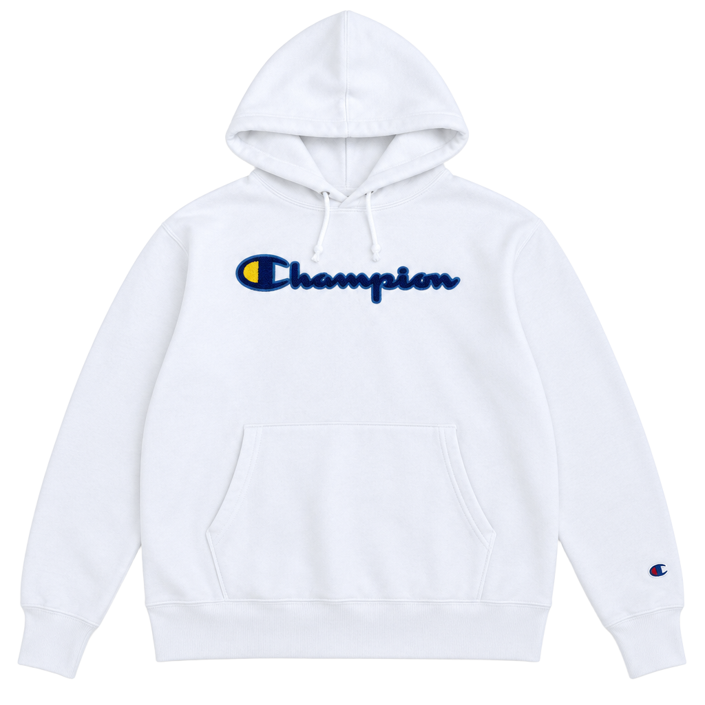 Champion Reverse Weave Hoodie Size XL White Chenille Script Logo 1