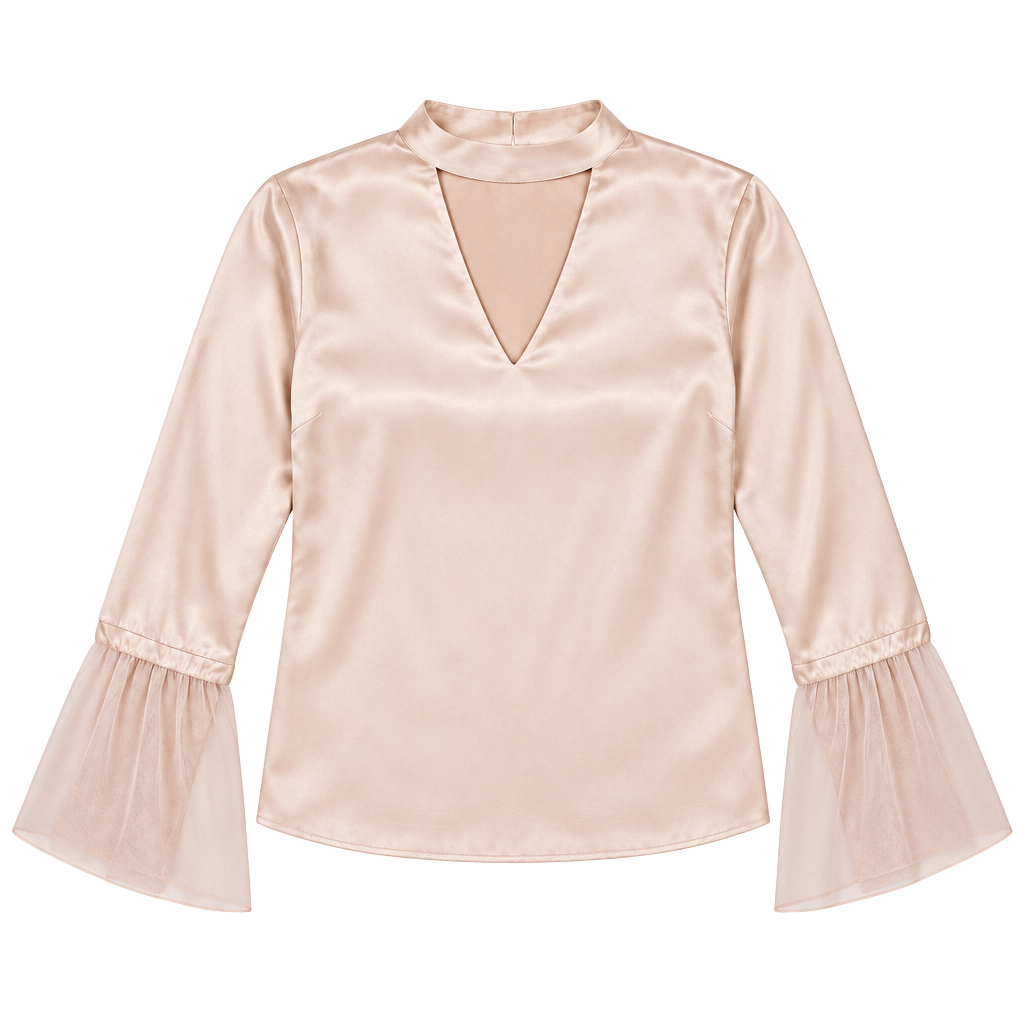 Shiarjo Satin Blouse Pink Long Sleeve Choker Neck Mesh Cuff 1