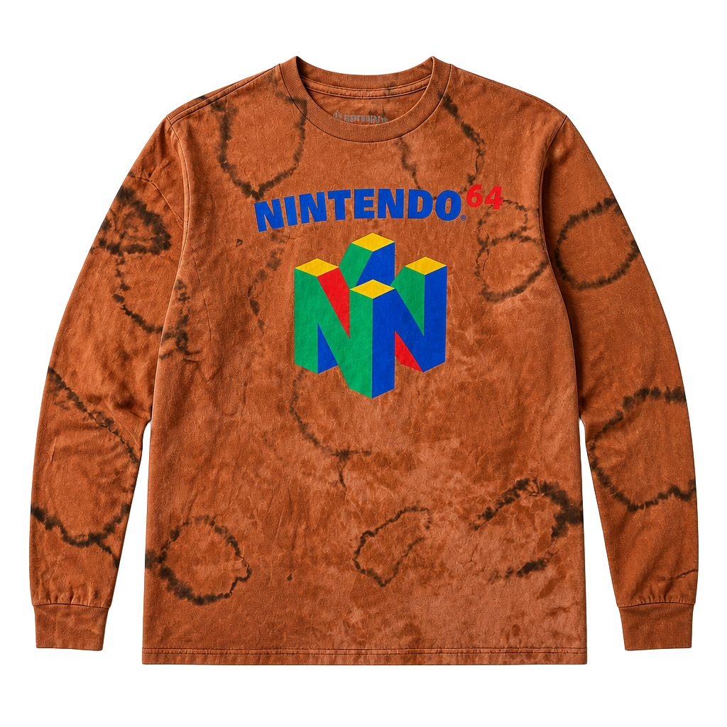 Nintendo 64 N64 Logo Long Sleeve T-Shirt Size XL Brown Bleach Dye 1