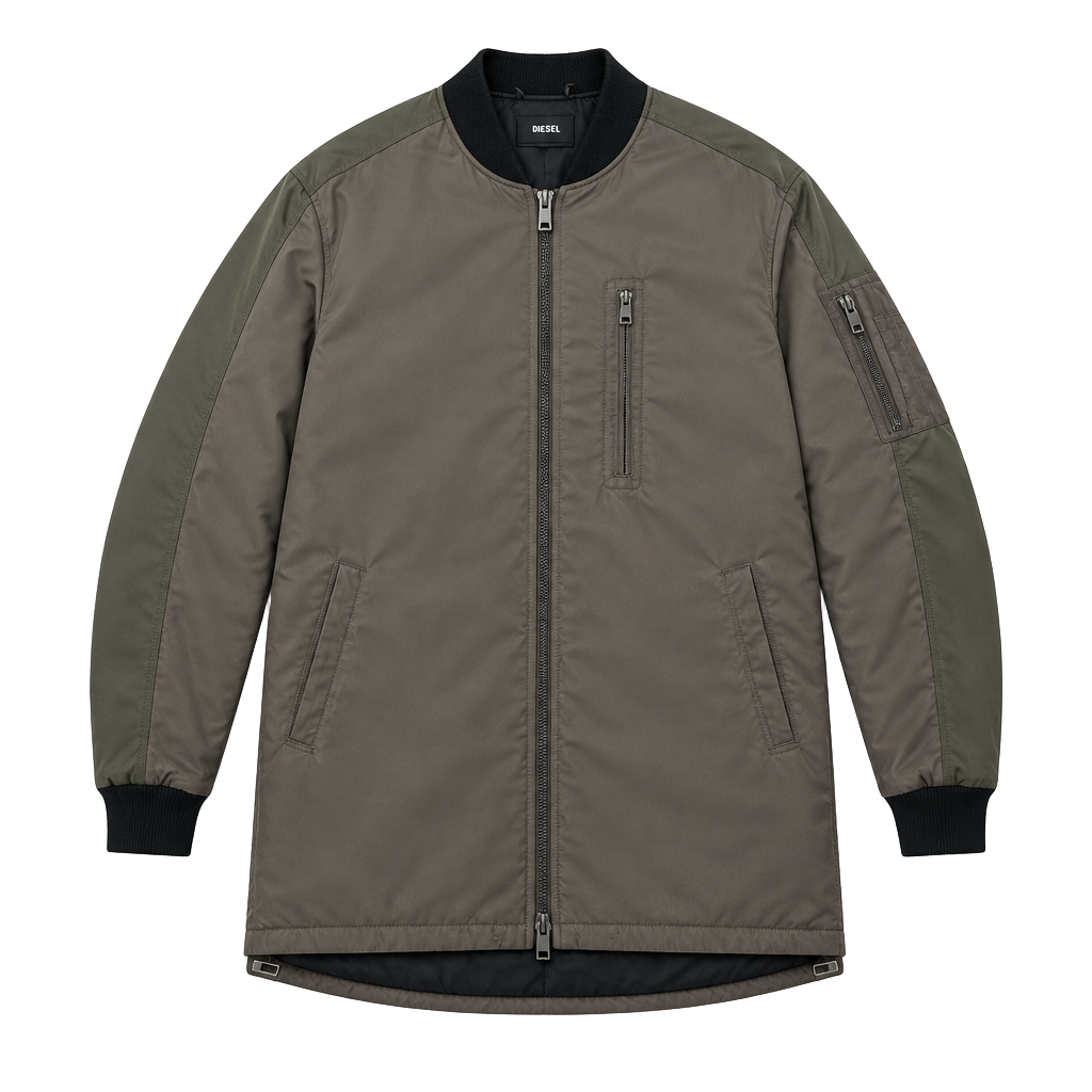 Diesel Longline Padded Bomber Jacket Olive Green and Brown 1