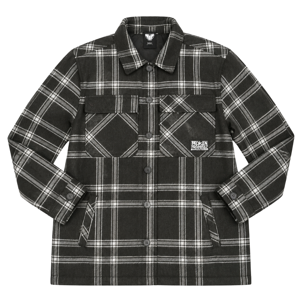 Broken Promises Plaid Flannel Shacket Jacket Womens Small Black Grey Button Up 1