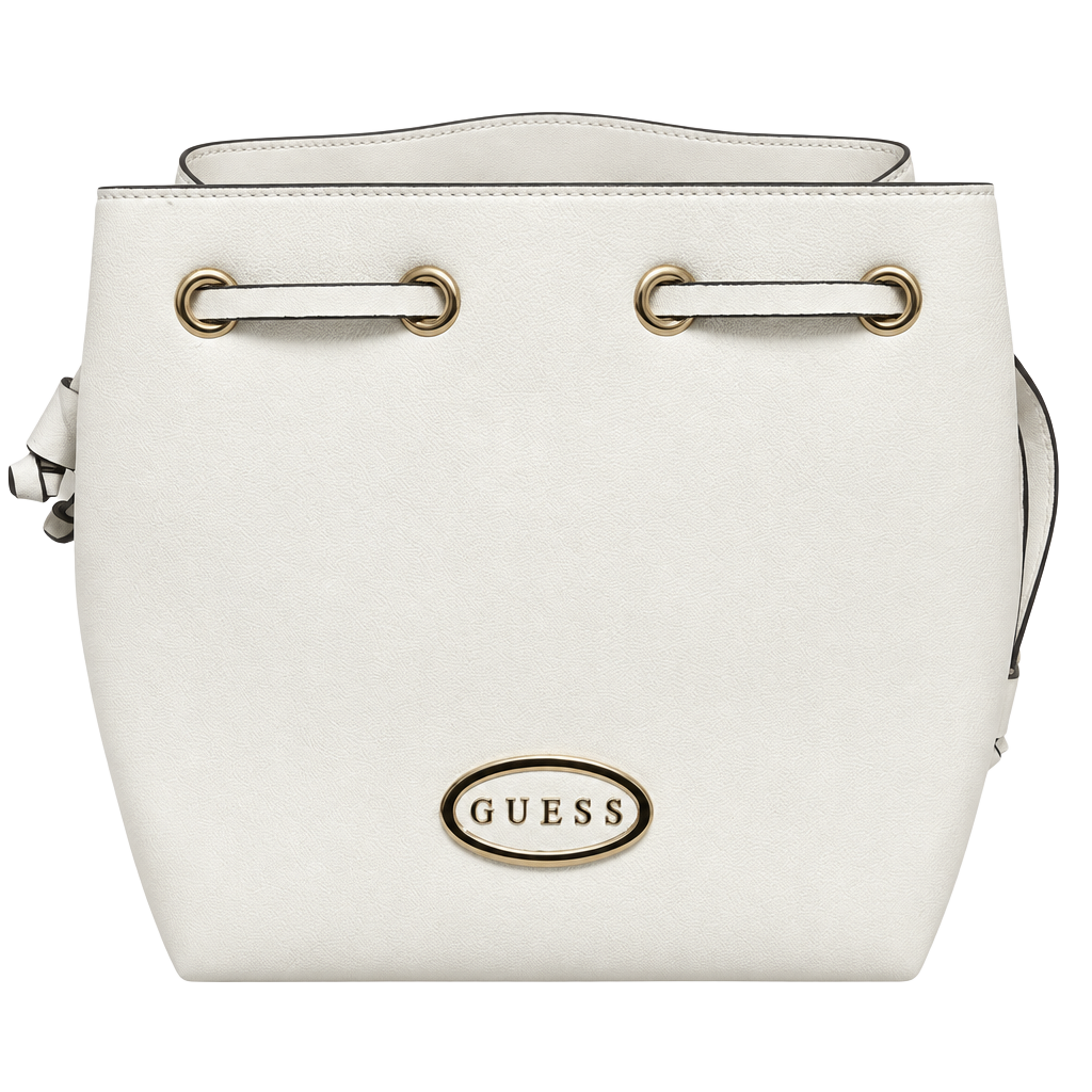 GUESS Womens White Bucket Bag Handbag Drawstring Gold Chain Shoulder Bag Purse 1