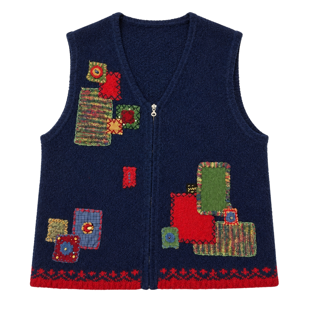 Koret City Blues Zip Knit Vest Size M Navy Blue Patchwork 1