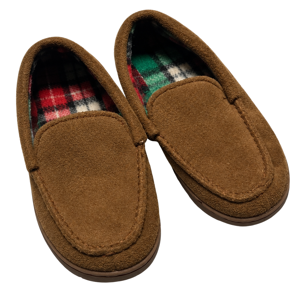 Toddler Brown Moccasin Slippers Size 11/12 Plaid Lining 1