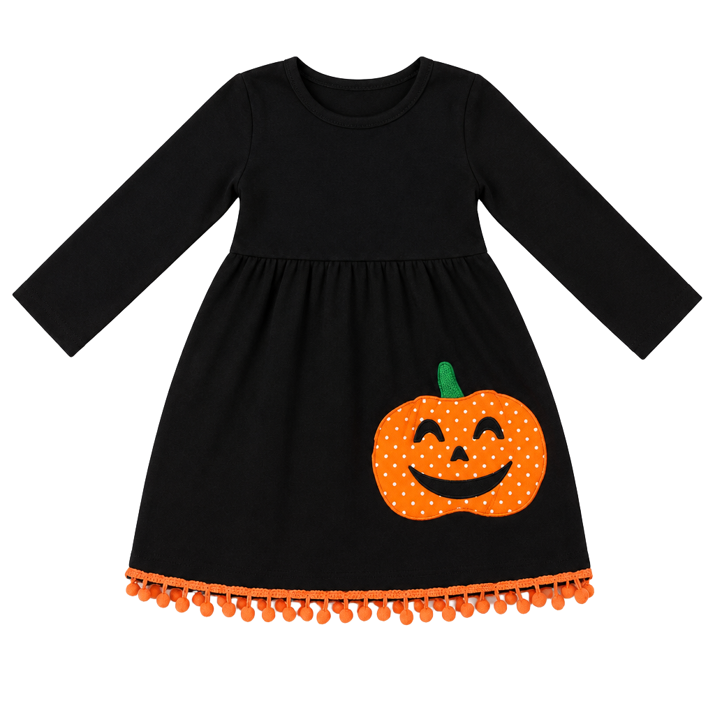 Boutique Halloween Pumpkin Dress Size L (4) Black Orange Pom Pom Trim 1