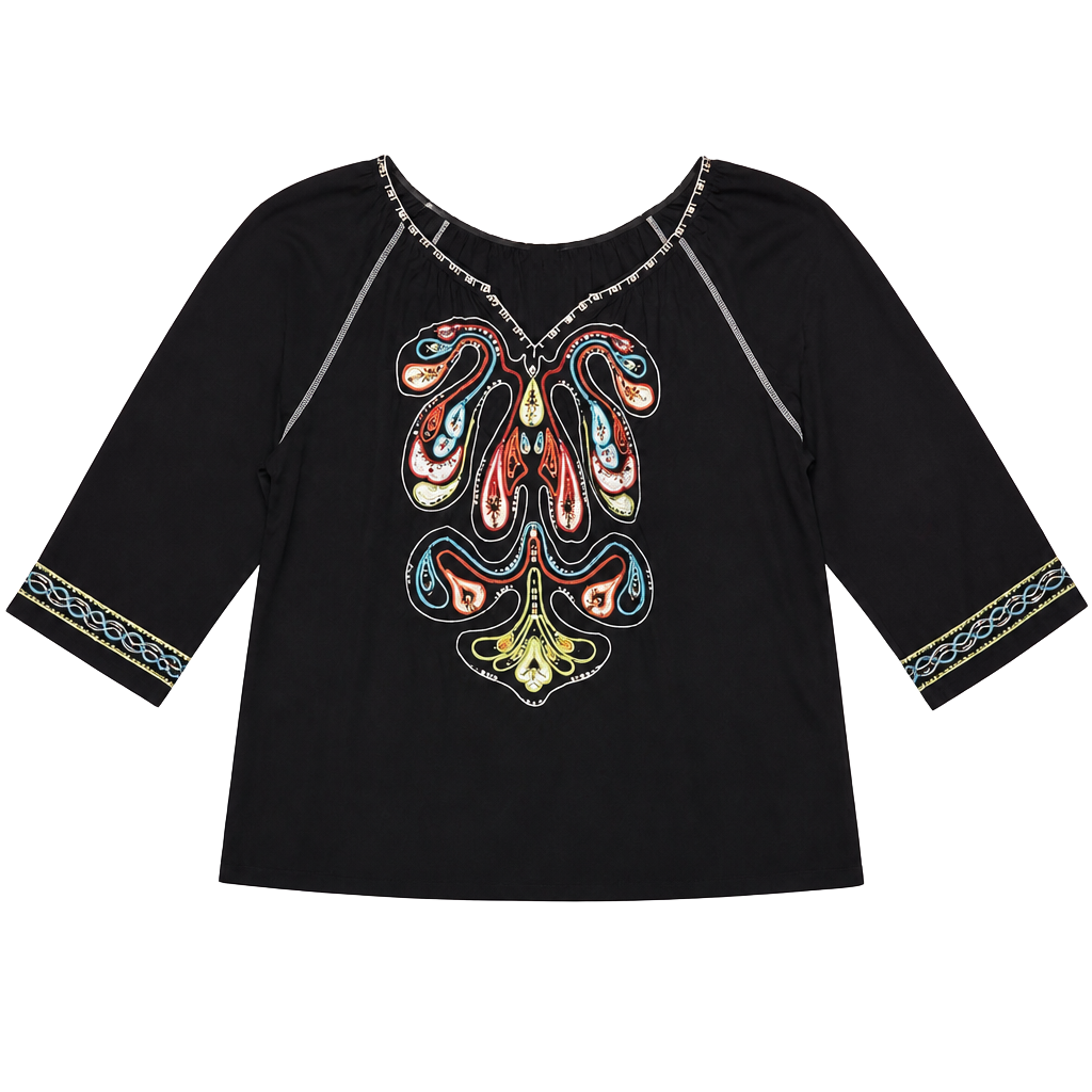 Krista Lee Embroidered Blouse Size XL Black Bohemian Peasant Top 1