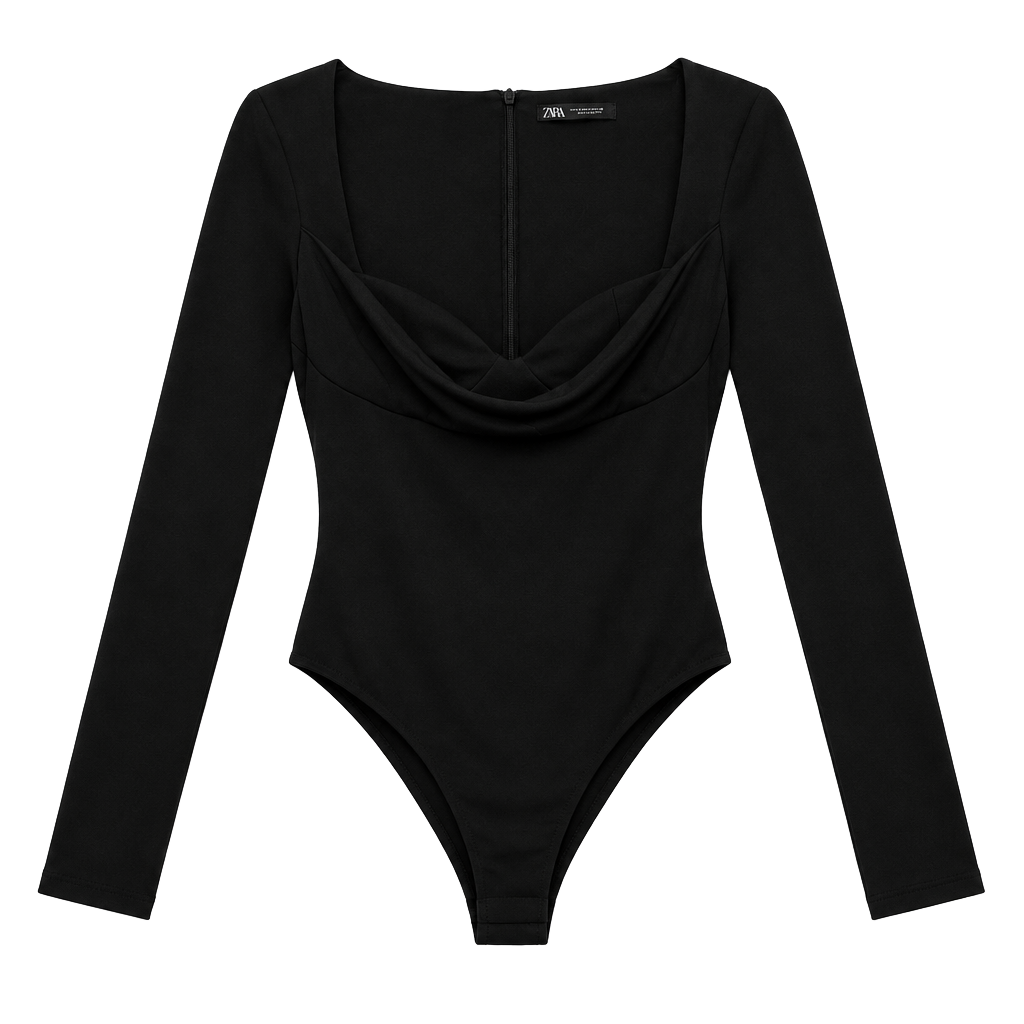 Zara Long Sleeve Bodysuit Size M Black Cowl Neck 1