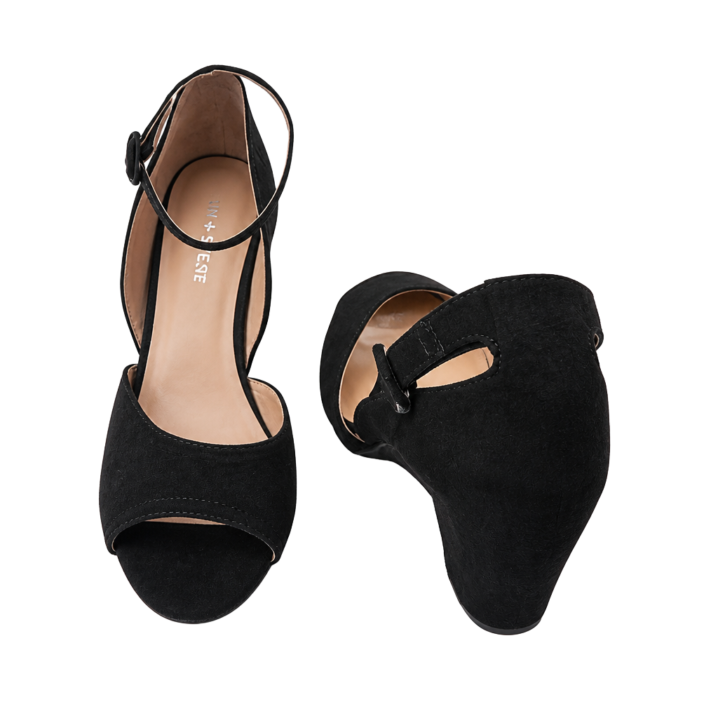 Sun + Stone Reeta Black Suede Ankle Strap Block Heel Sandals Size 10W 1