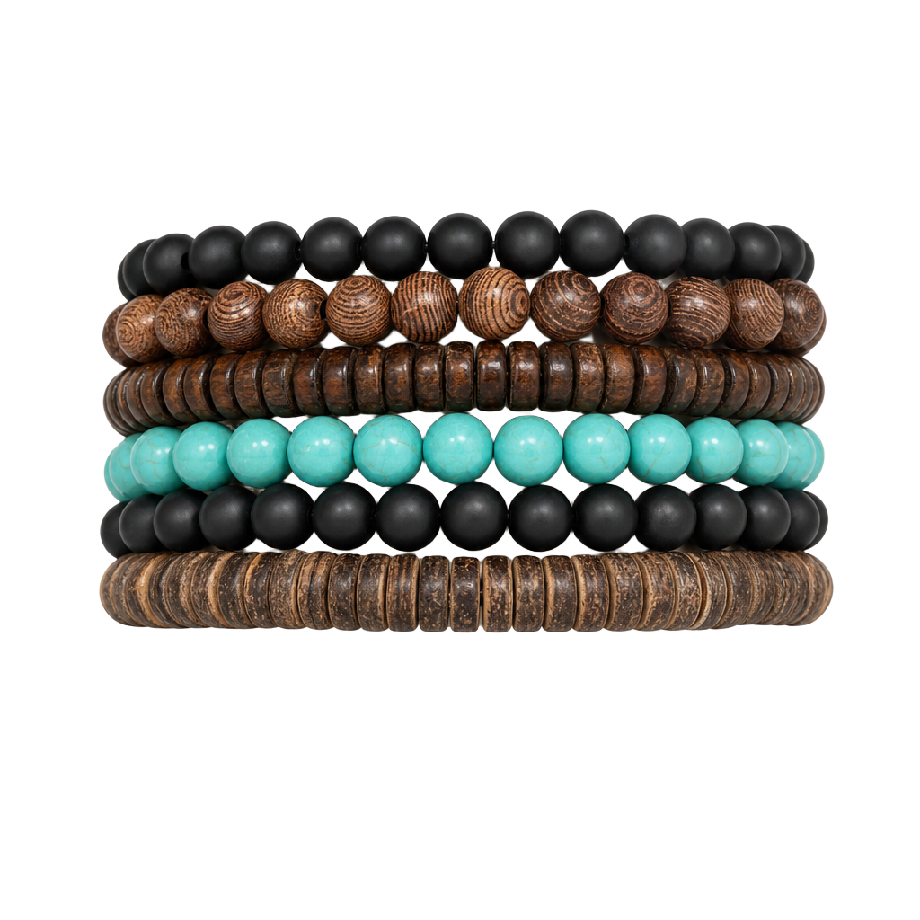 Set of 6 Stackable Beaded Unisex Bracelets with Wood and Turquoise-Style Beads 1