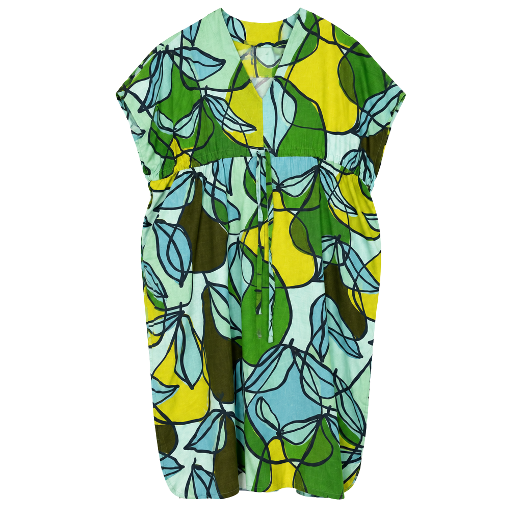 Lesley Evers Dress Size M/L Green Blue Leaf Print V-Neck Kaftan 1