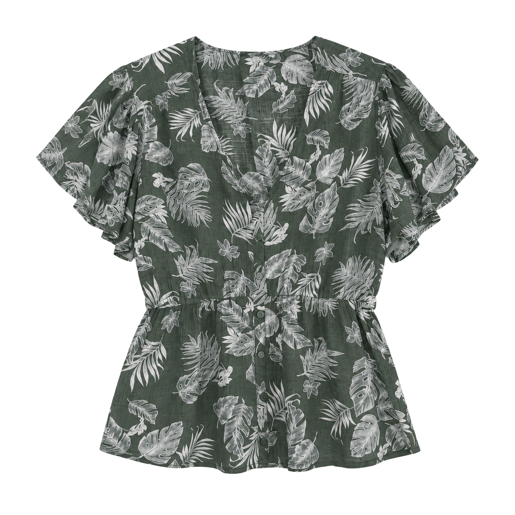 LUSH Leaf Print Blouse Size S Green White Short Sleeve Peplum Top 1