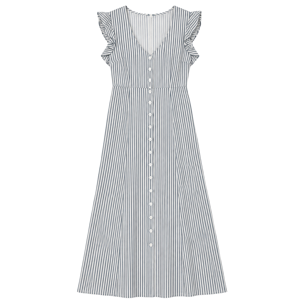 Gianni Bini Striped Ruffle Midi Dress Size 6 Blue White 1