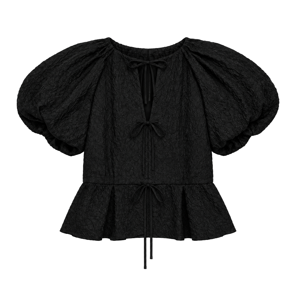 Antonio Melani Blouse Size 10 Black Textured Puff Sleeve Peplum 1