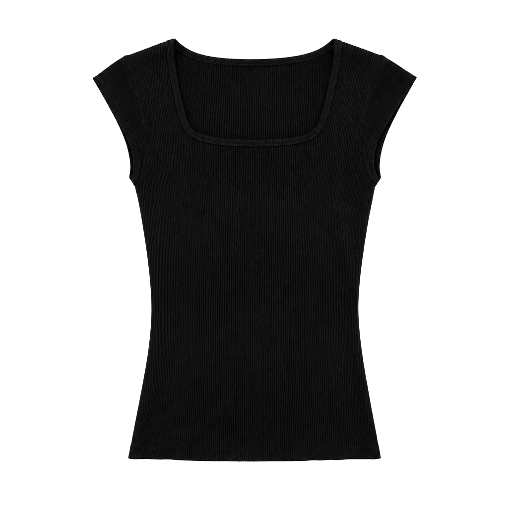 Nine West Ribbed Top Size M Black Square Neck Cap Sleeve 1