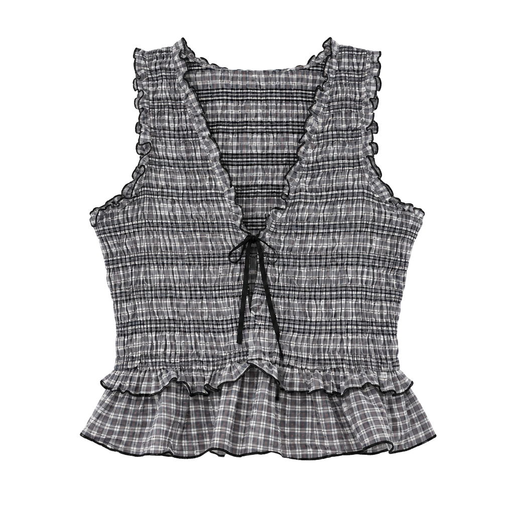 LOFT Plaid Smocked Tank Top Size S Black White Ruffle Crop 1