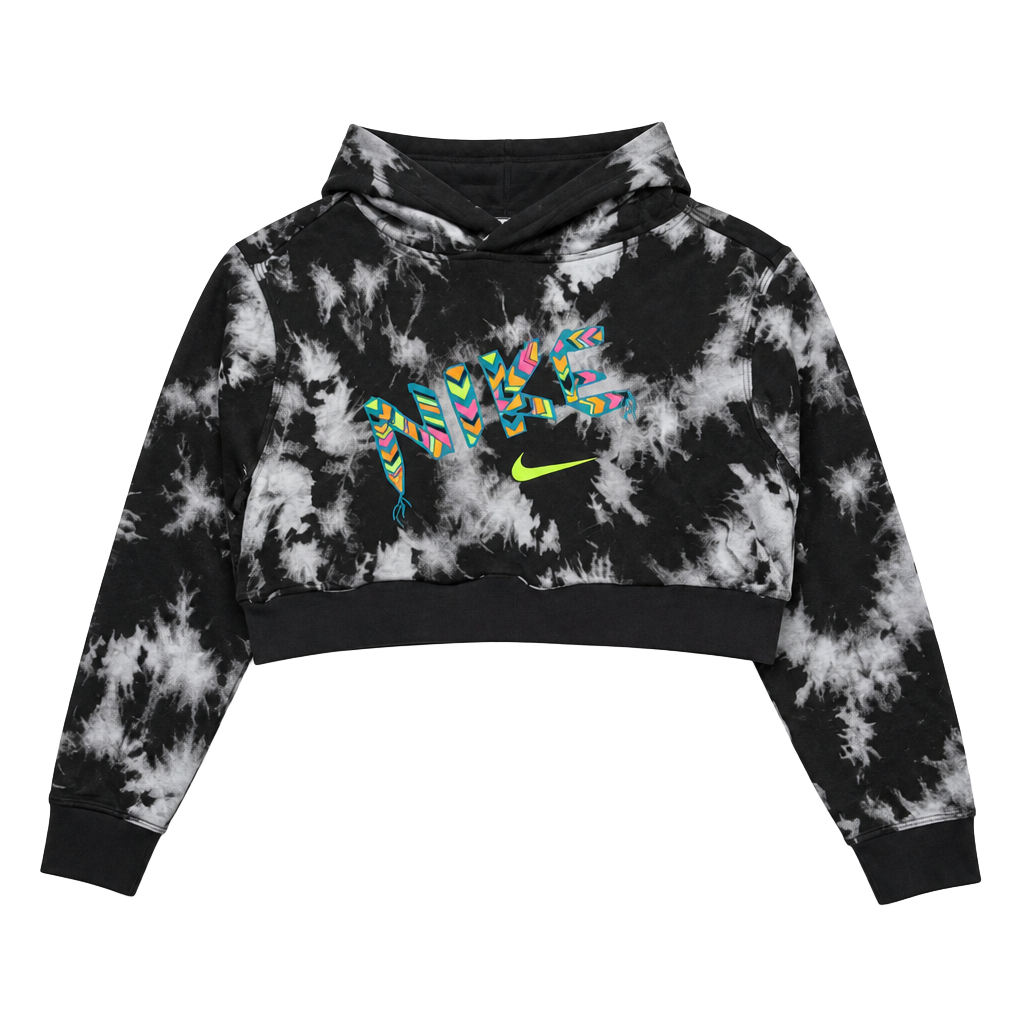 Nike Black White Tie Dye Crop Pullover Hoodie with Graphic Logo 1