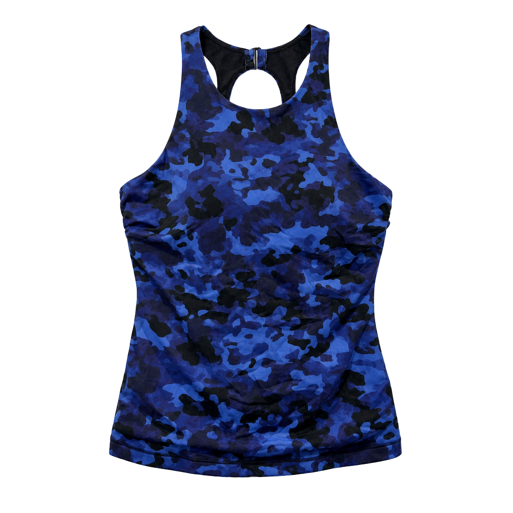 Athleta Maldives High Neck Tankini Top in Blue Black Camo 1
