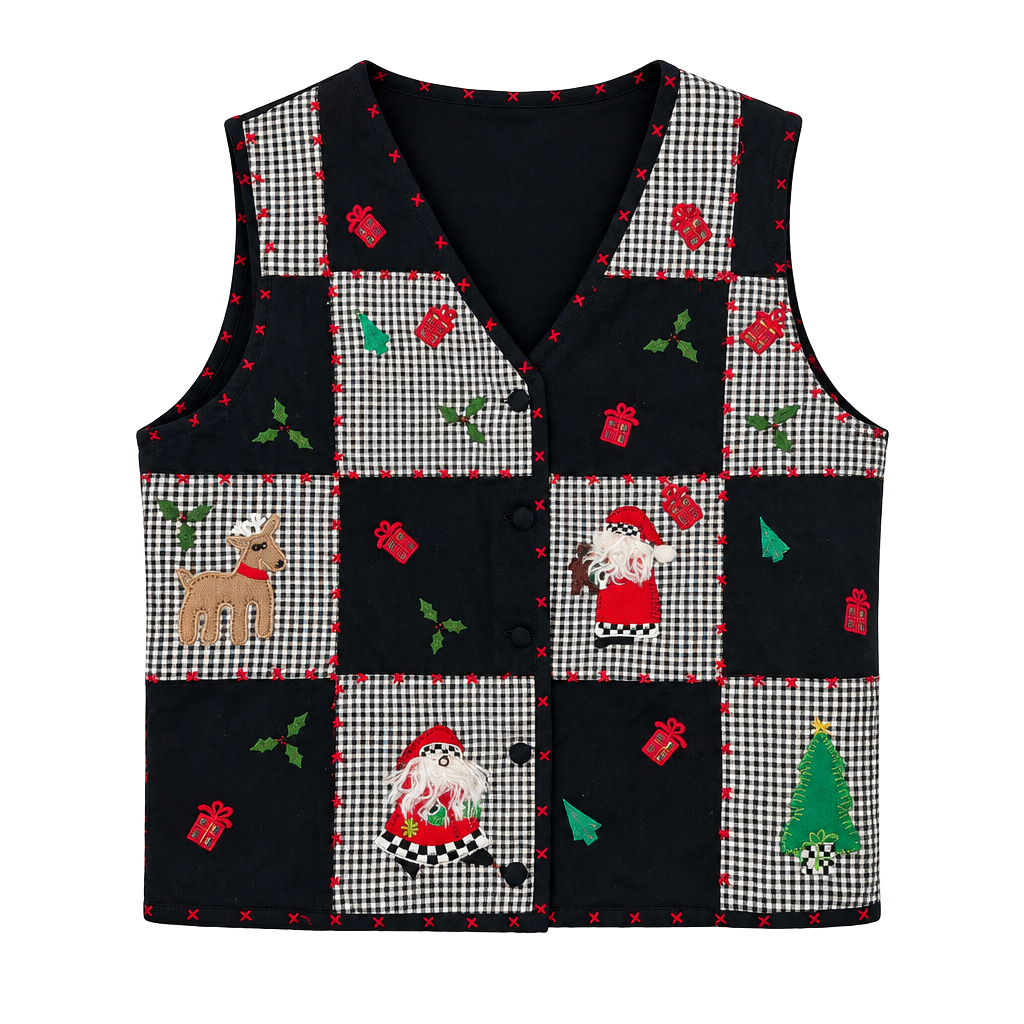Lemon Grass Christmas Vest Size PM Black Gingham Santa Patch 1