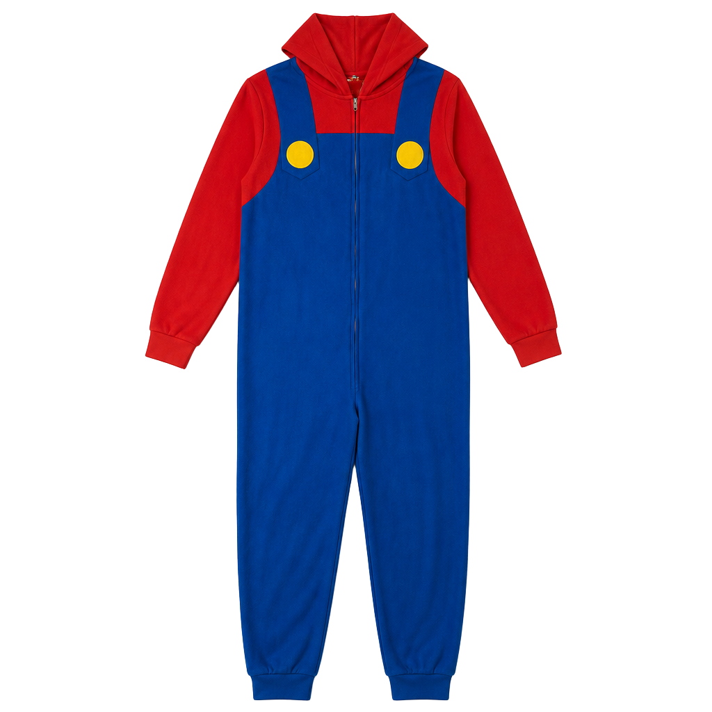 Super Mario Bros Kids Hooded Zip-Front Fleece Pajamas costume Size 8 1