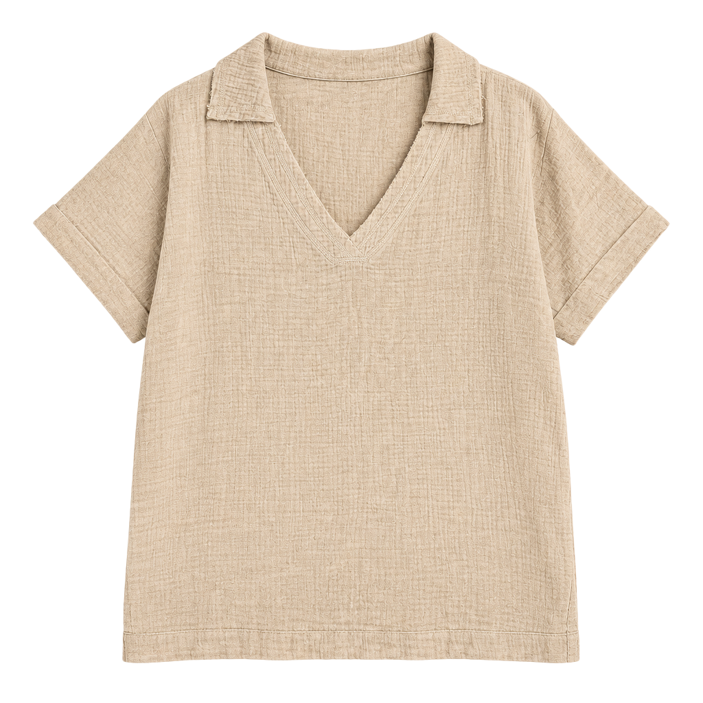 Zenana Double Gauze Short Sleeve Top Size L Beige V-Neck High-Low Tunic 1
