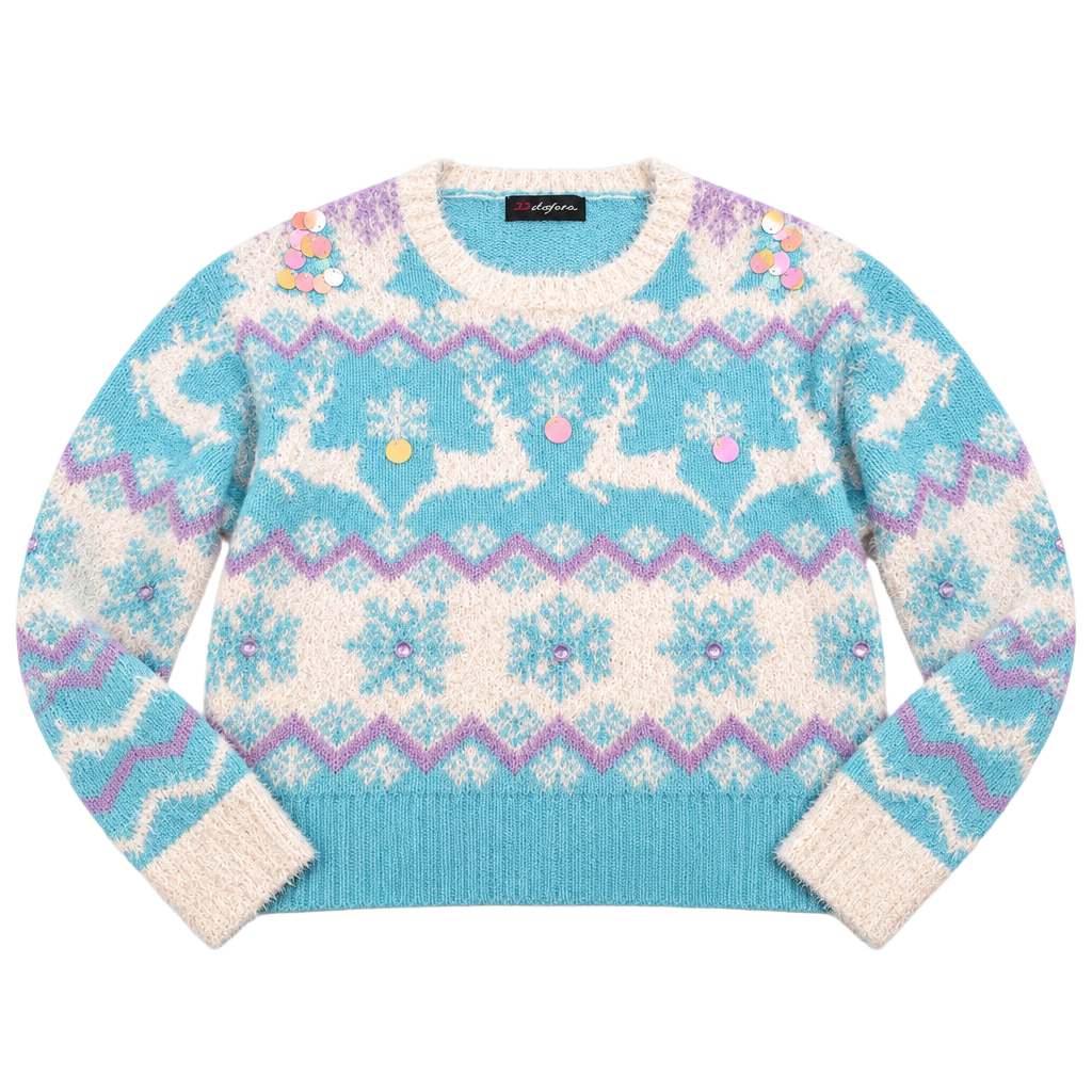 33 Degrees Ugly Christmas Sweater Size S Blue Fuzzy Reindeer Sequins 1