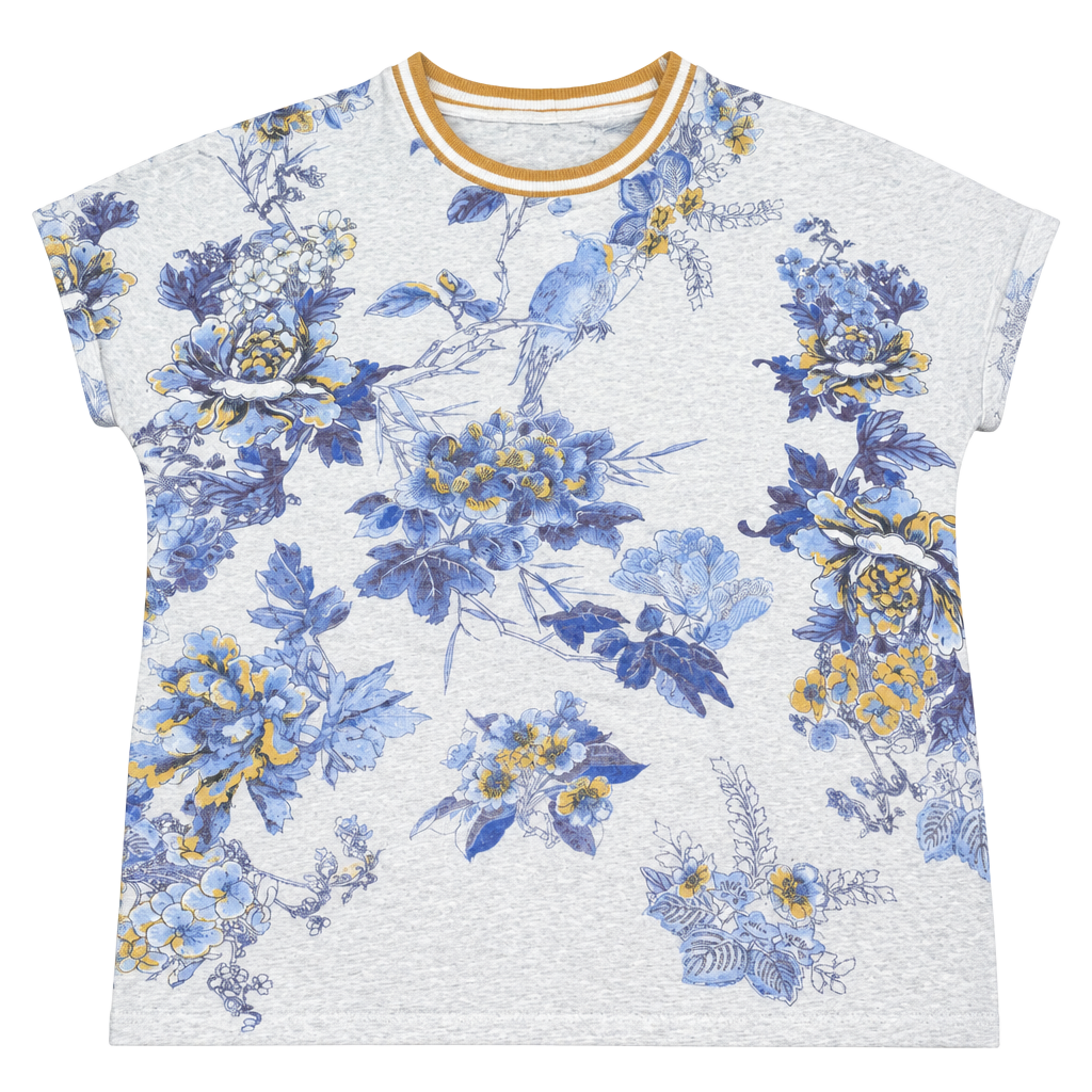Pull&Bear Floral T-Shirt Size S White Blue Yellow Bird Short Sleeve 1