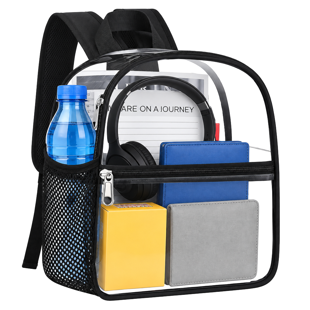 Clear Stadium Backpack Transparent Bag Black PVC Travel Concert 1