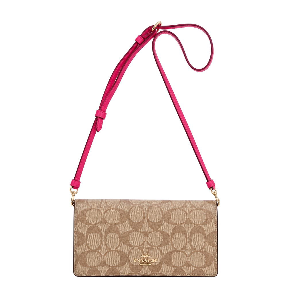 Coach Anna Foldover Clutch Crossbody Bag in Signature Canvas Khaki and Pink 1