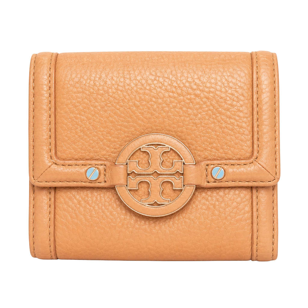 Tory Burch Amanda Tan Caramel Pebbled Leather Compact Trifold Wallet 1