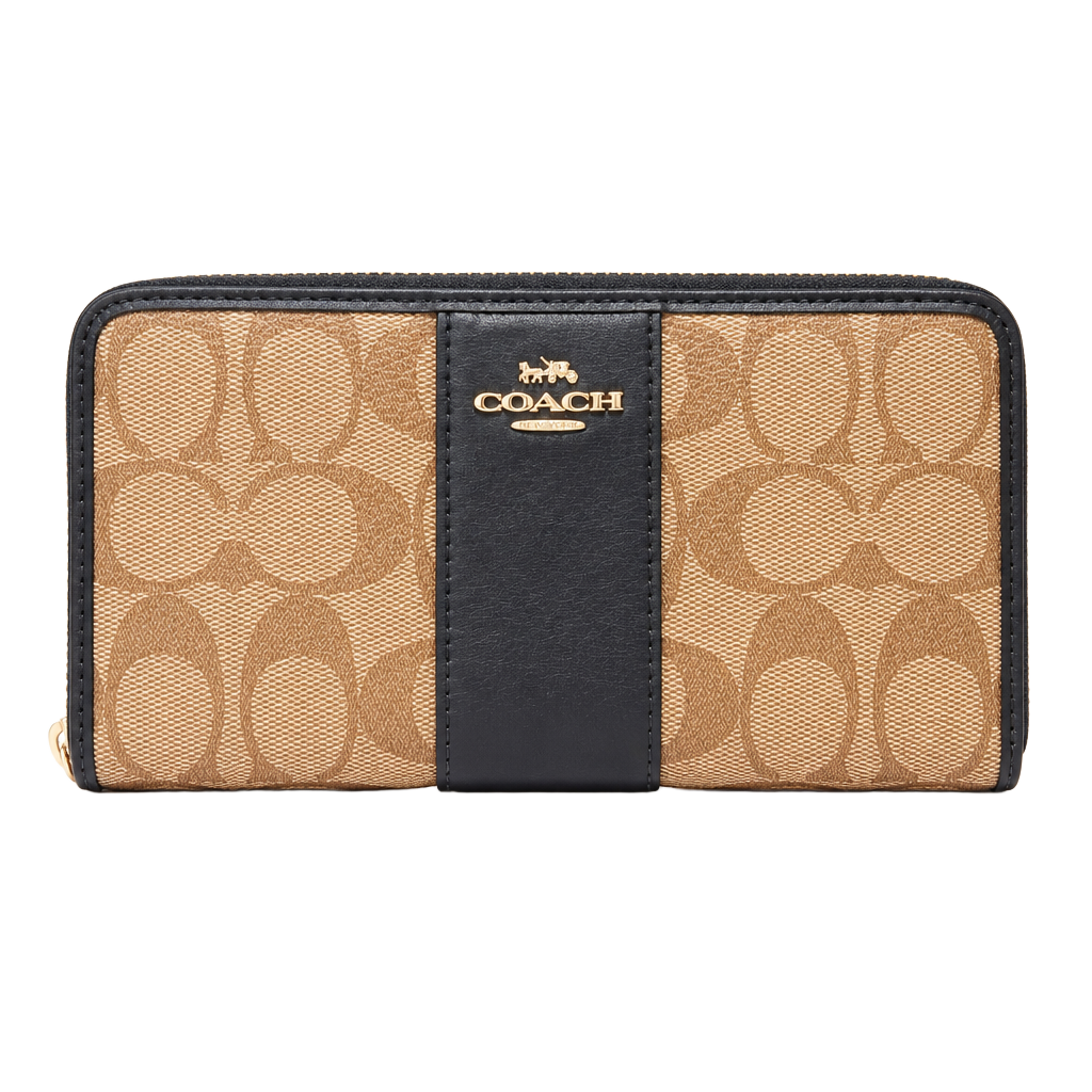 Coach Signature Canvas Stripe Accordion Zip Around Wallet Tan Black CW947 1