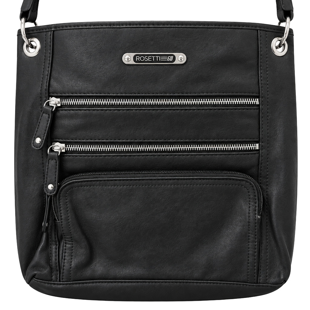 Rosetti Crossbody Bag Black Faux Leather Triple Zippered Pockets 1