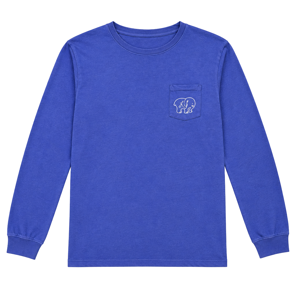ivory ella Women’s Long-Sleeve Pocket Tee in Periwinkle Blue Elephant Print 1