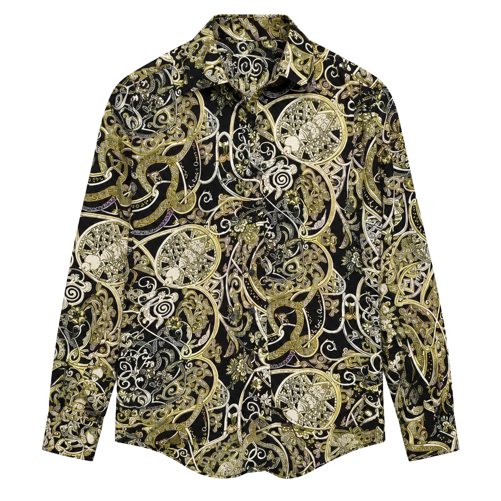 H&M Women Blouse Top Black Gold Floral Geometric Button Collar Long Sleeve US 4 1