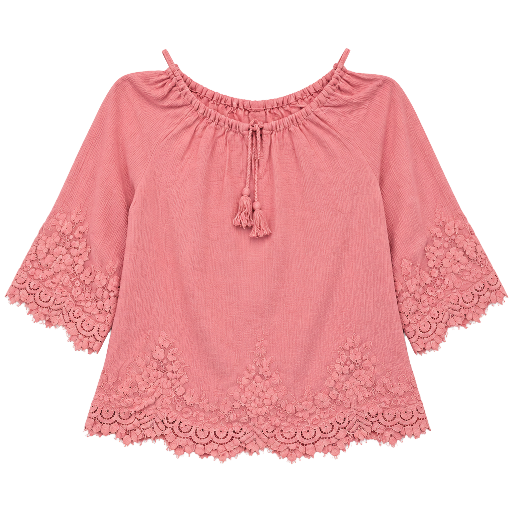 New York & Company Pink Bell Sleeve Blouse with Tie Front Lace Hem Size Small 1