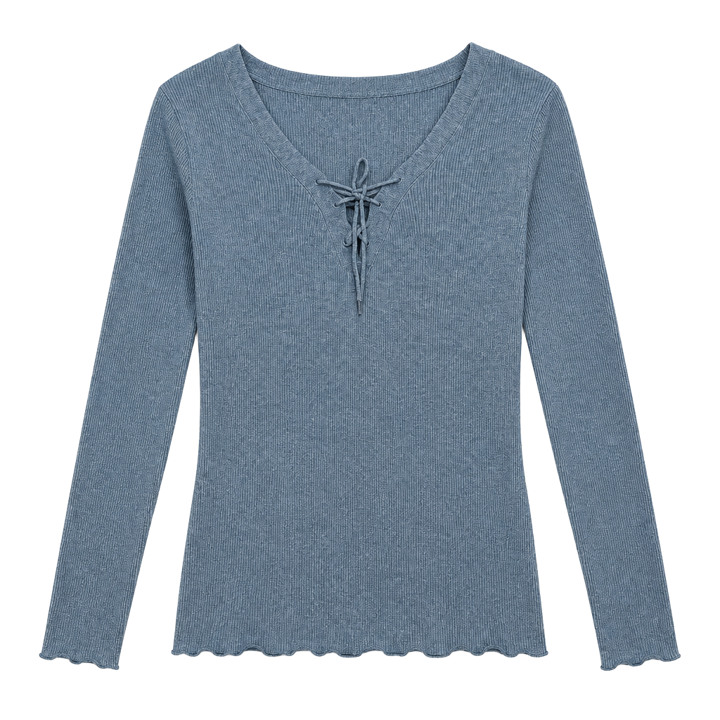 Ribbed Lace-Up V-Neck Long Sleeve Top - Dusty Blue 1