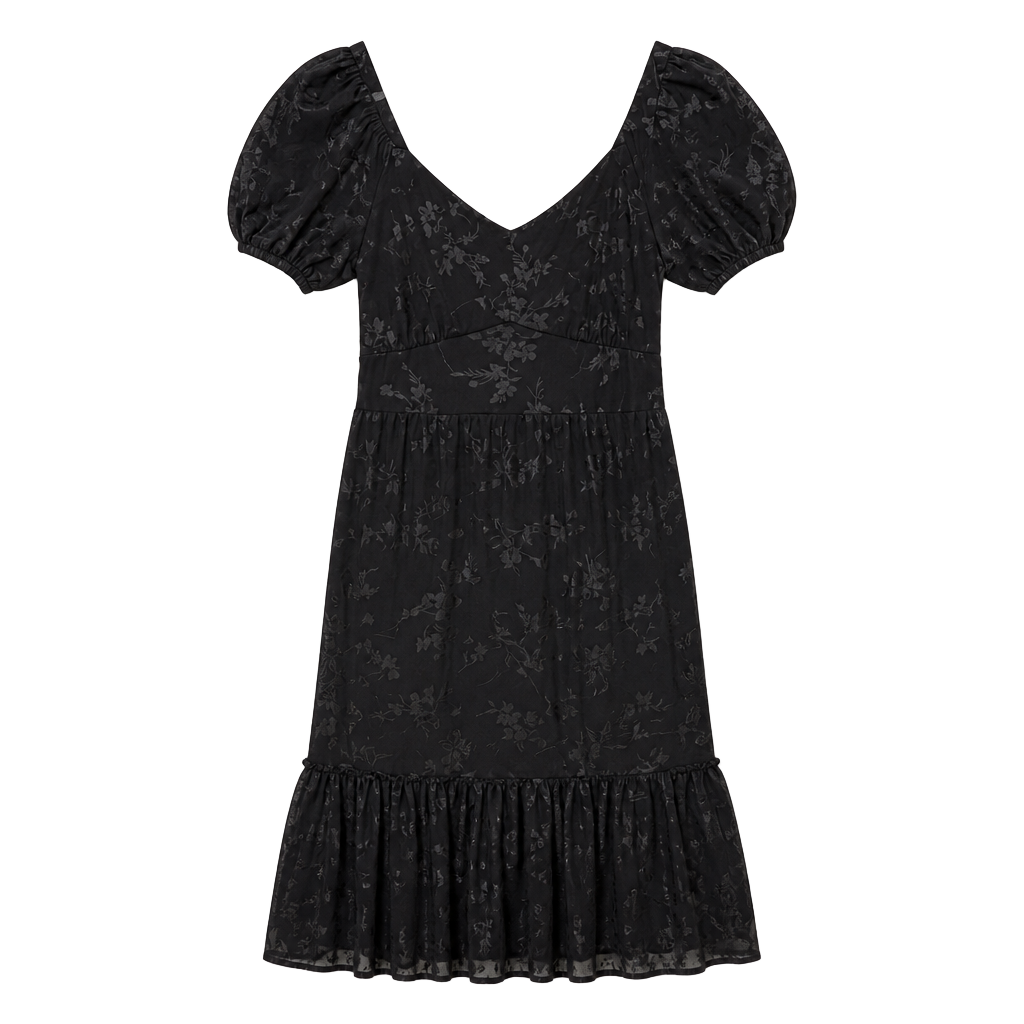 Ember Women's Black Floral Burnout Mesh Puff Sleeve Ruffle Hem Maxi Dress 1