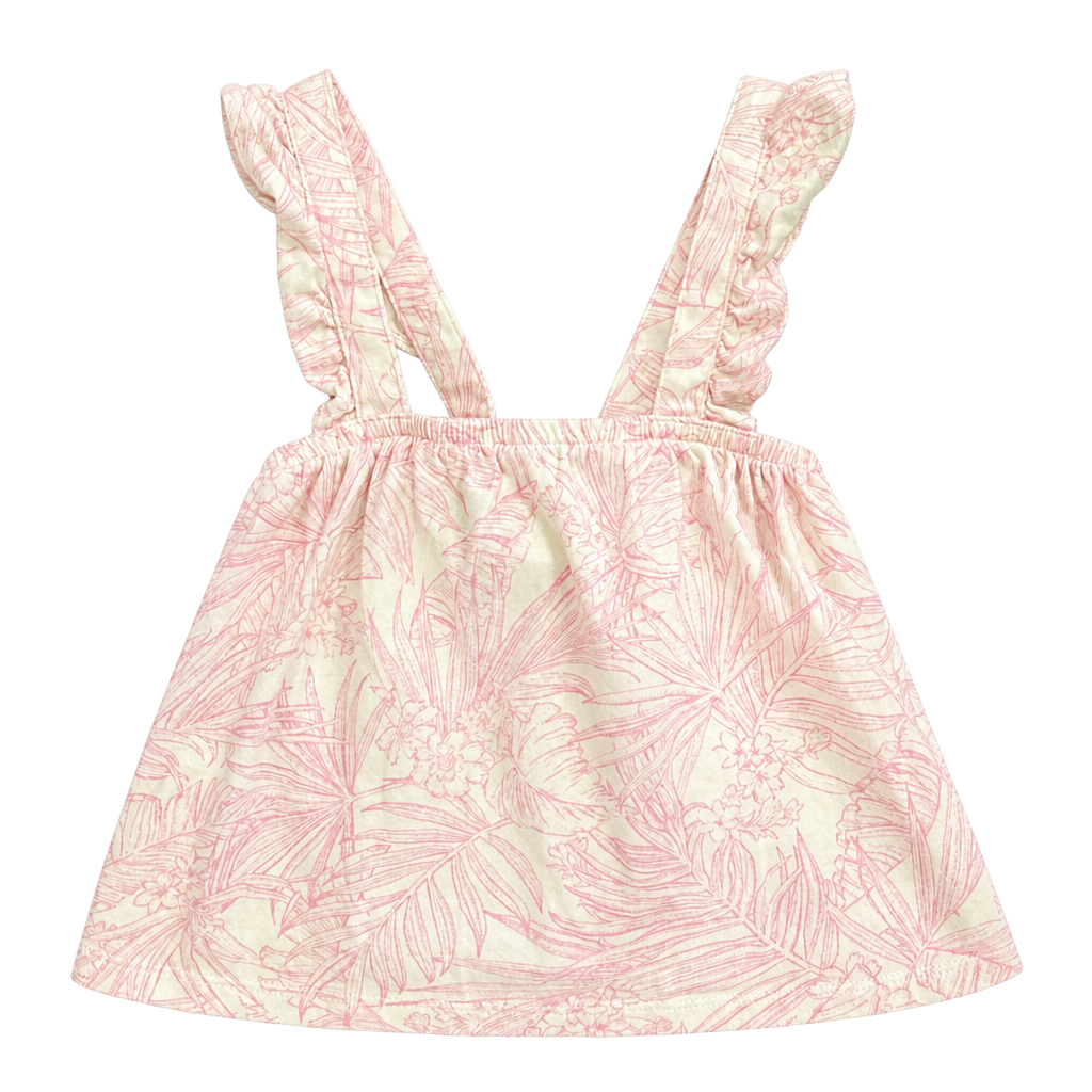 Tommy Hilfiger Girls Pink and White Palm Leaf Print Sleeveless Ruffle Strap Tank Top 1