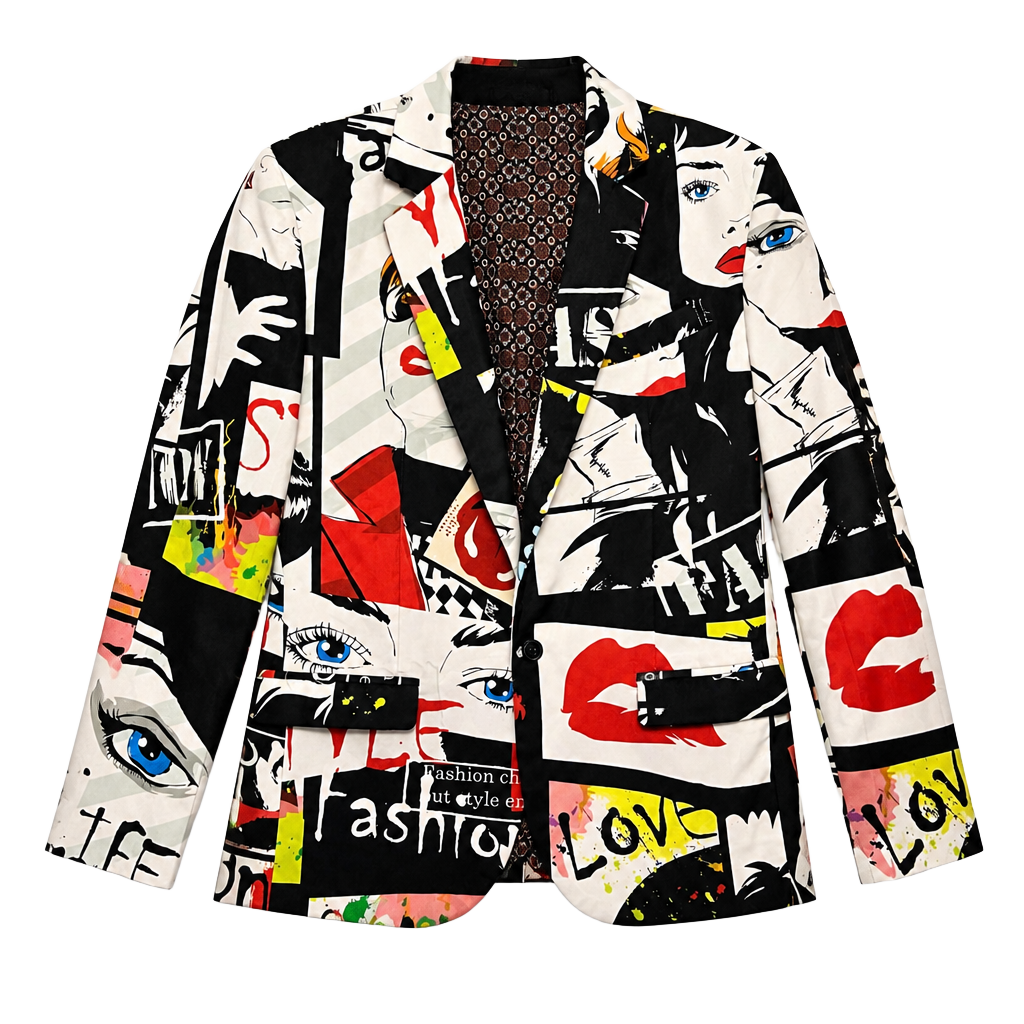 Car&Ffiv Pop Art Comic Face Print Graphic Blazer Jacket Size 38 1
